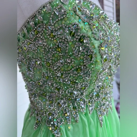 Sherri Hill Formal Prom Dress Sequin Beaded Chiffon Green Strapless Size 14 - Picture 5 of 10
